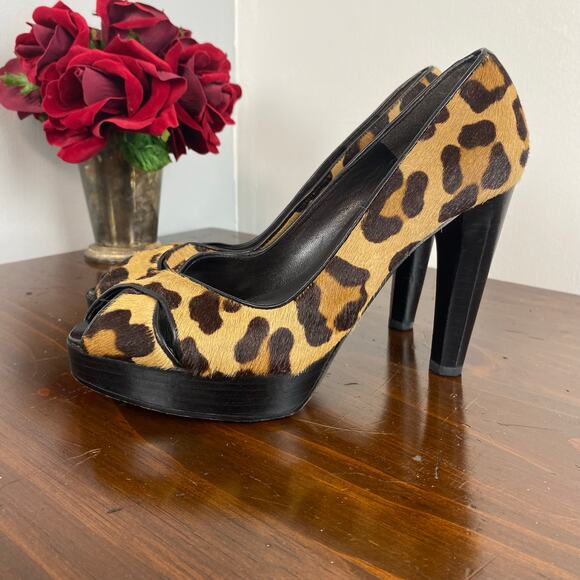 Stuart Weitzman Shoes - Stuart Weitzman Leopard Animal Print Calf Hair Peep Toe Platform Pumps